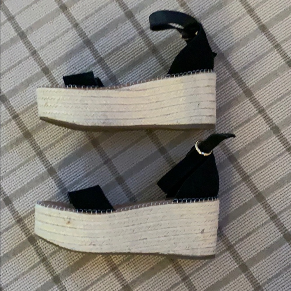 Aqua black suede ankle strap wedge